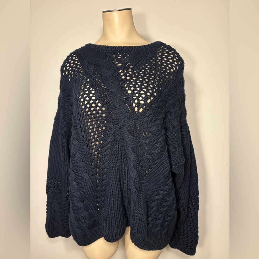 525 America • Chunky Open-Knit 100% Cotton Sweater  Navy Blue